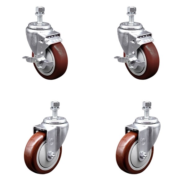 Service Caster 4 Inch Maroon Polyurethane Wheel Swivel 1/2 Inch Threaded Stem Caster Brakes, 2PK SCC-TS20S414-PPUB-MRN-TLB-121315-2S2 - main